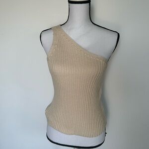 Elegant Beige Ribbed One-Shoulder Tank Top size M